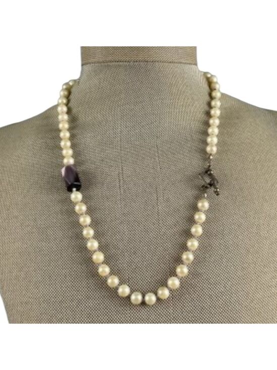 Unbranded Jewelry - Faux Pearl Necklace with Purple Stone, Size 18” long